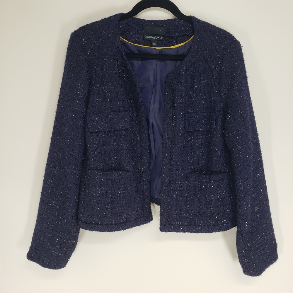 Cynthia Rowley Metallic Tweed Open Front Blazer Jacket Womens Large Navy Boucle